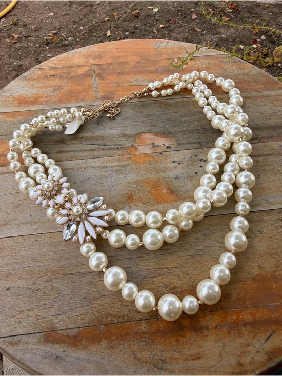 Jewelry - Multi Strand Faux Pearl Statement Necklace | Floral Crystal Brooch Detail